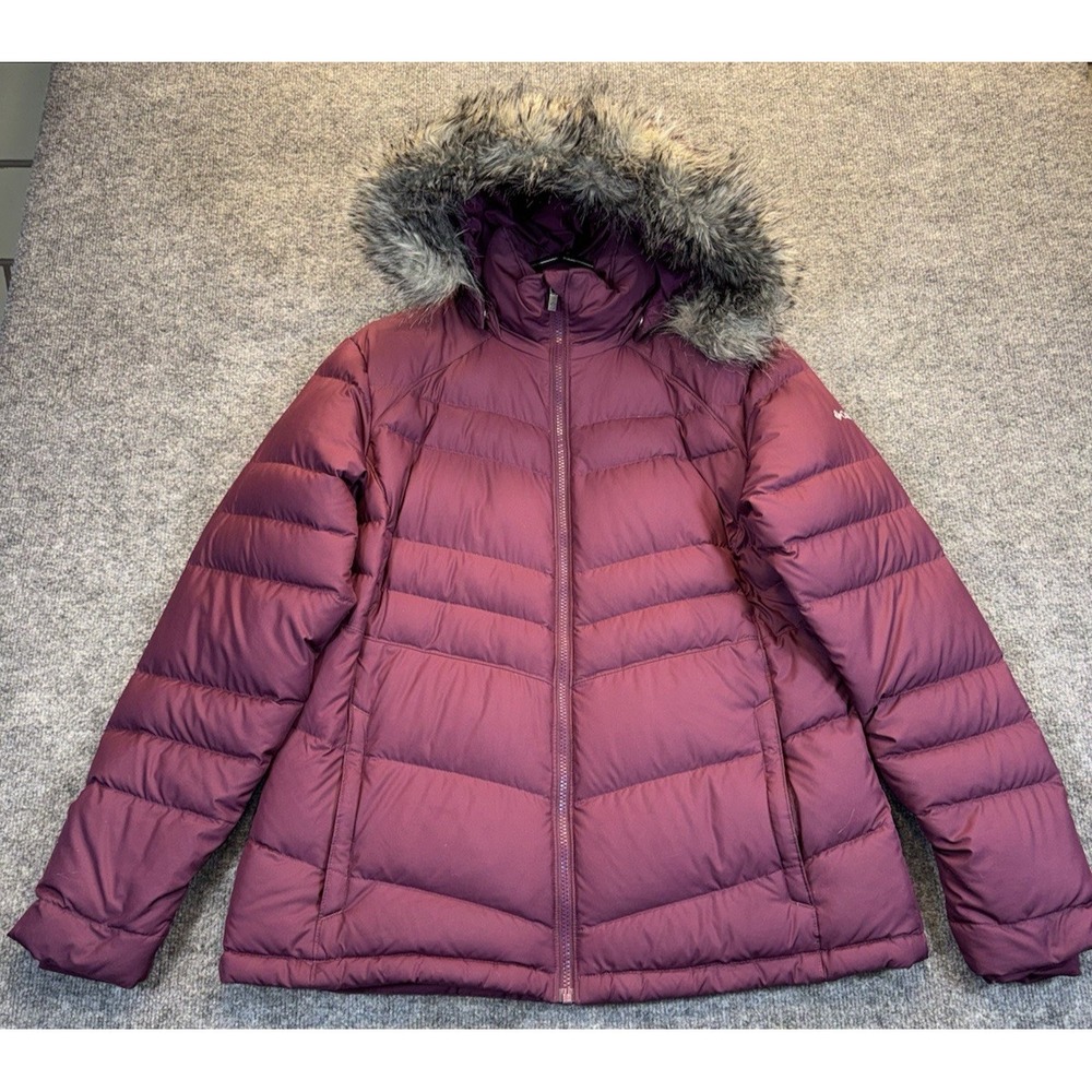 Columbia Women's Size Large Burgundy Hooded Down Puffer Jacket Faux Fur
